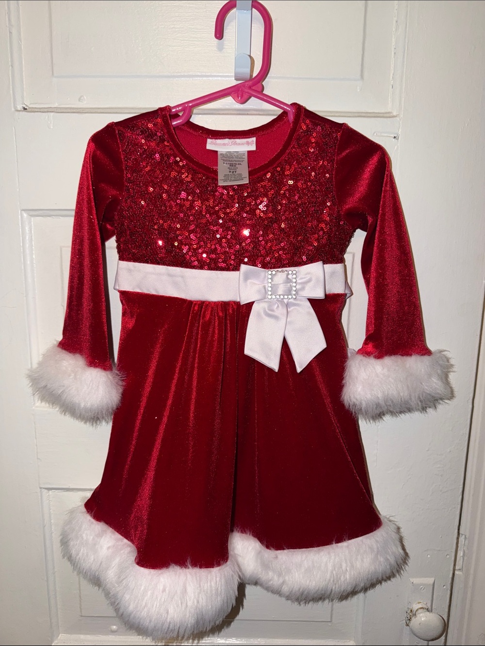 Bonnie Jean Red Velvet Sequin Holiday Dress with White Trim